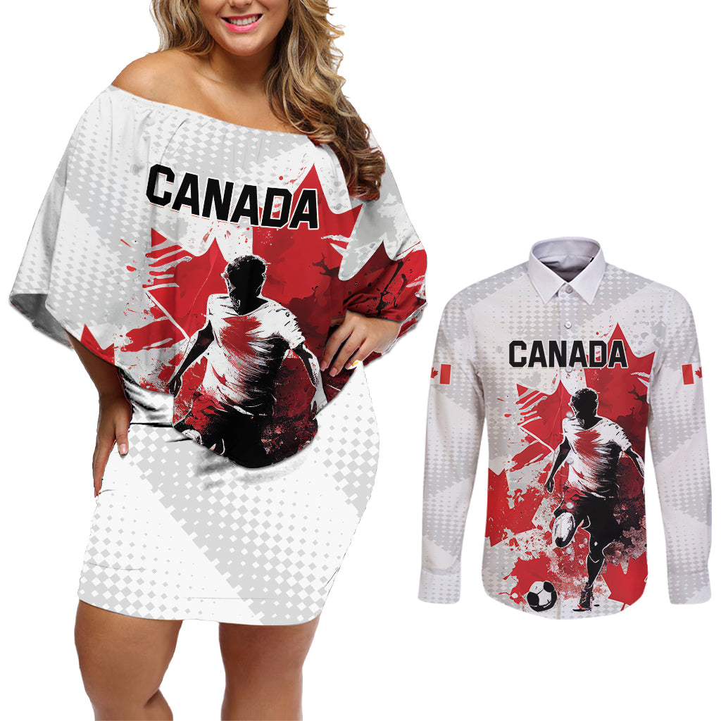 Personalized Canada 2024 Soccer Couples Matching Off Shoulder Short Dress and Long Sleeve Button Shirt Canadian Player Maple Leaf - Wonder Print Shop