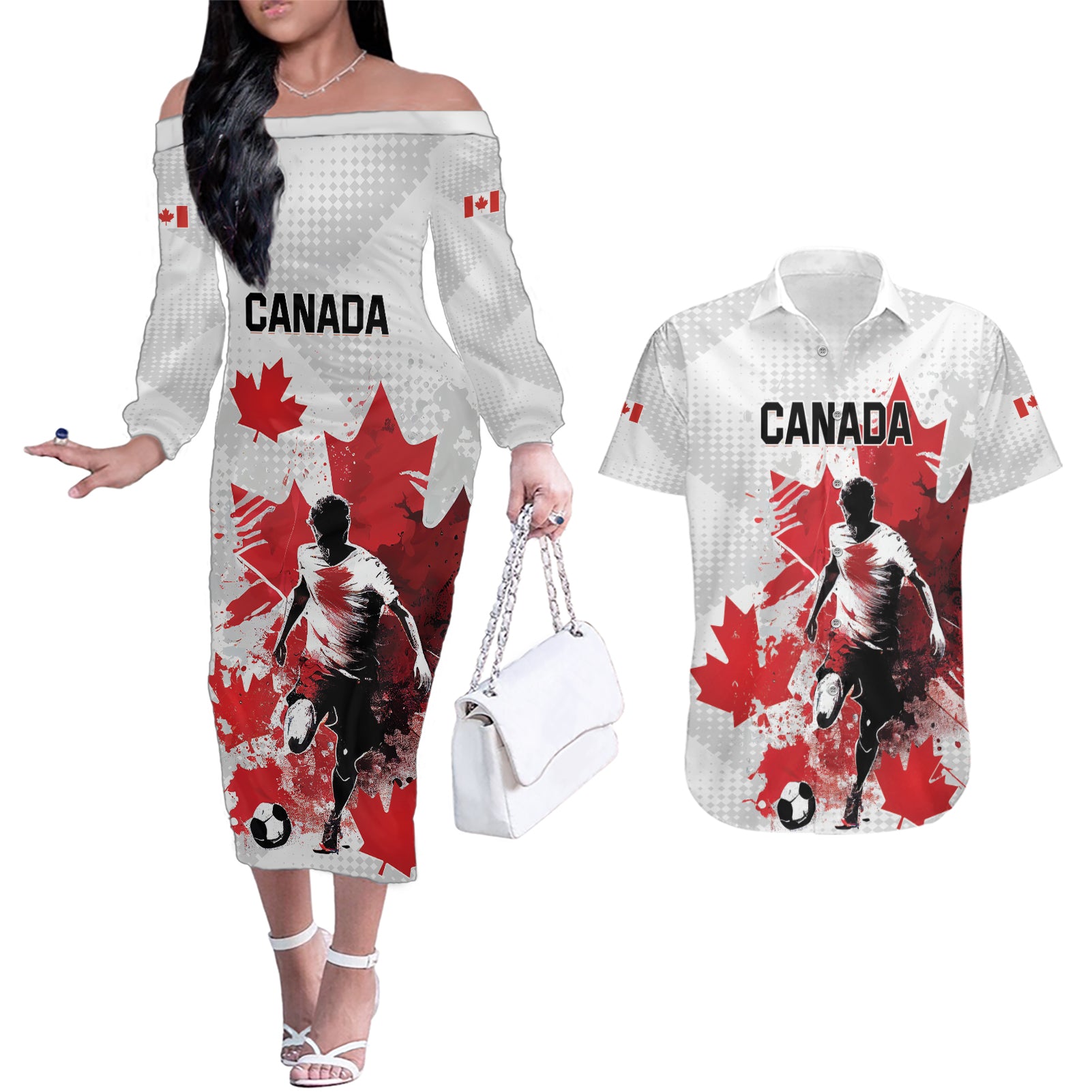 Personalized Canada 2024 Soccer Couples Matching Off The Shoulder Long Sleeve Dress and Hawaiian Shirt Canadian Player Maple Leaf - Wonder Print Shop