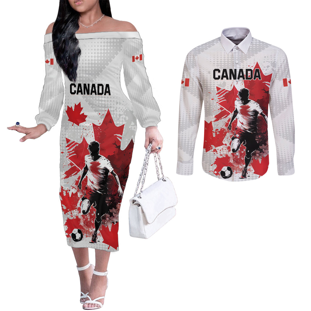 Personalized Canada 2024 Soccer Couples Matching Off The Shoulder Long Sleeve Dress and Long Sleeve Button Shirt Canadian Player Maple Leaf