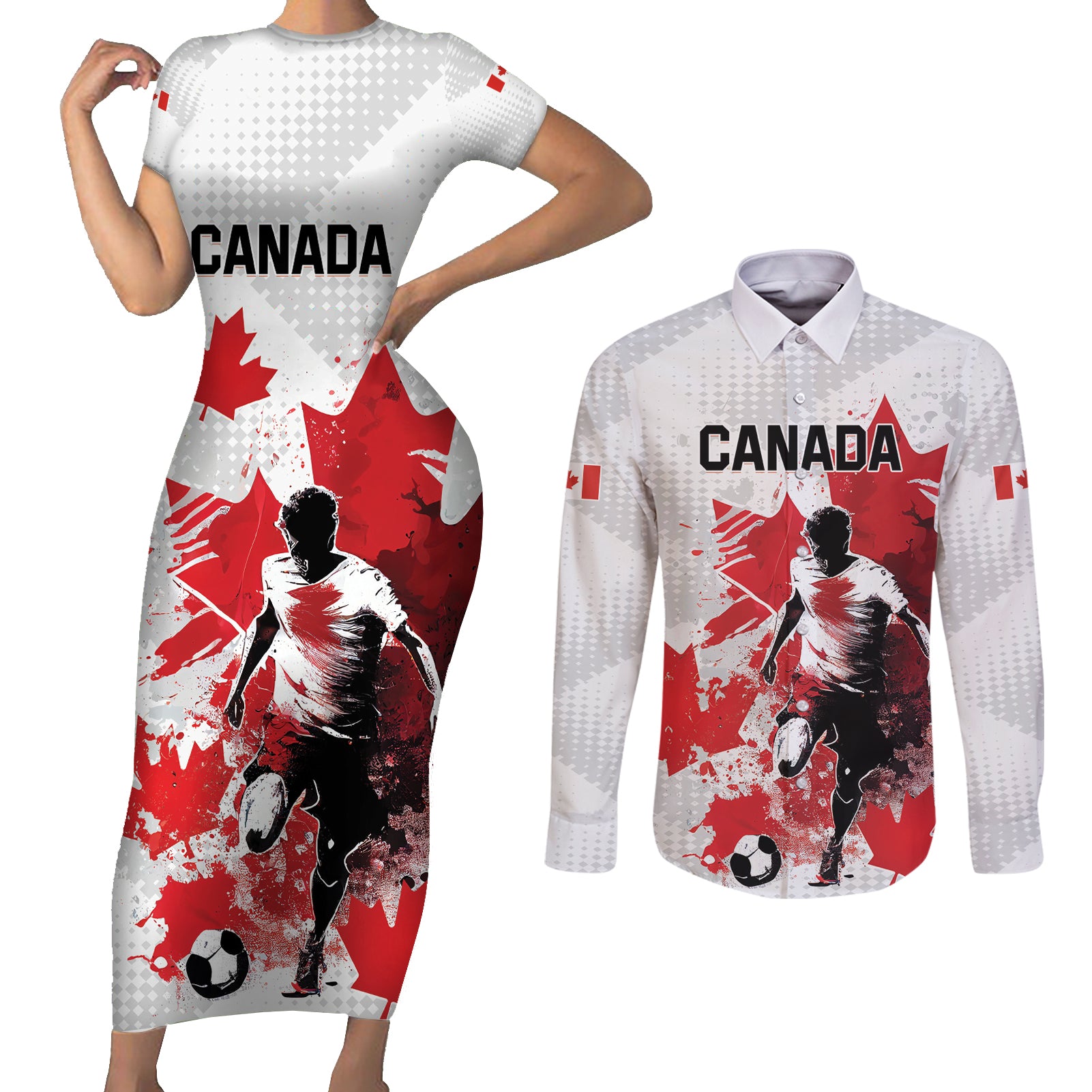 Personalized Canada 2024 Soccer Couples Matching Short Sleeve Bodycon Dress and Long Sleeve Button Shirt Canadian Player Maple Leaf - Wonder Print Shop