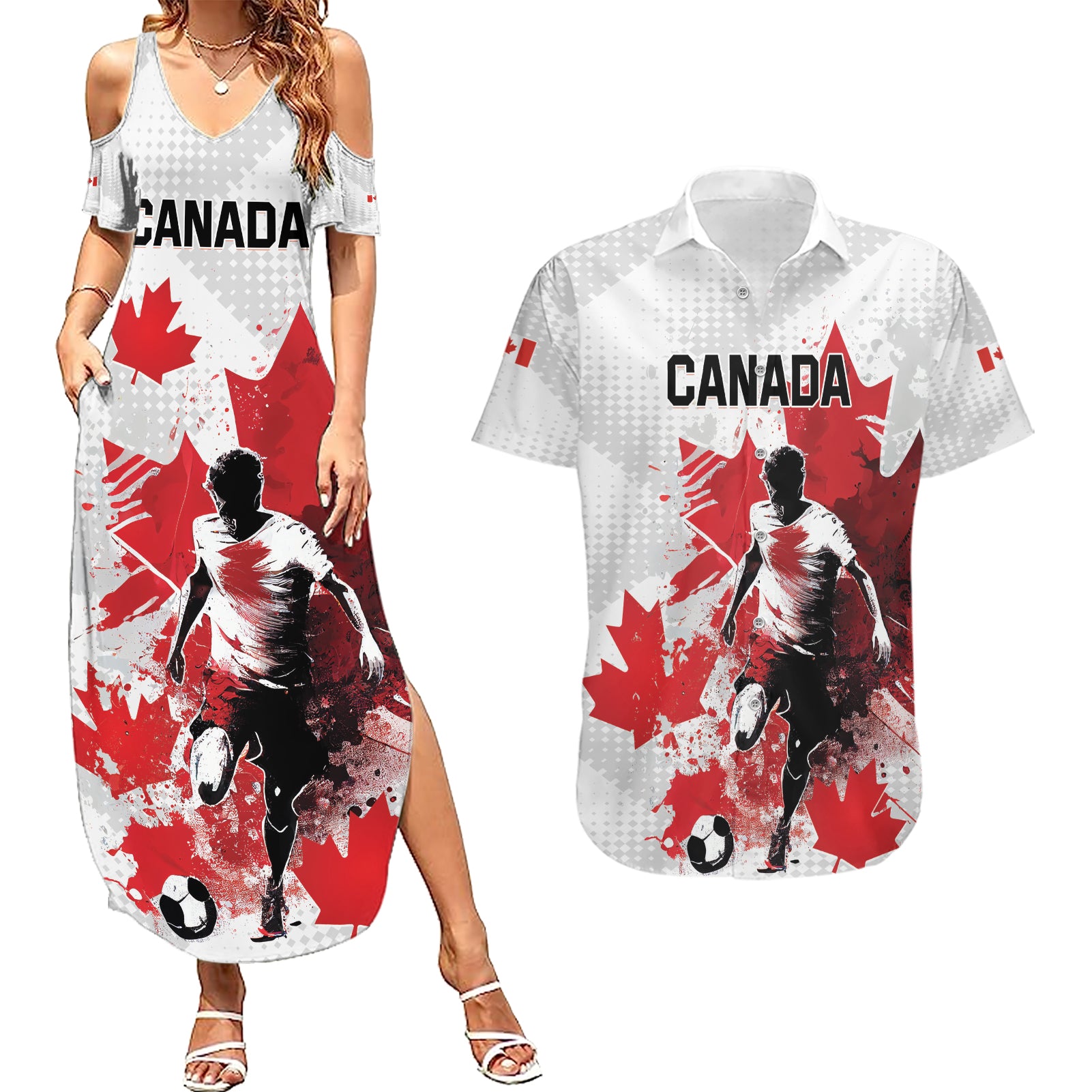 Personalized Canada 2024 Soccer Couples Matching Summer Maxi Dress and Hawaiian Shirt Canadian Player Maple Leaf - Wonder Print Shop