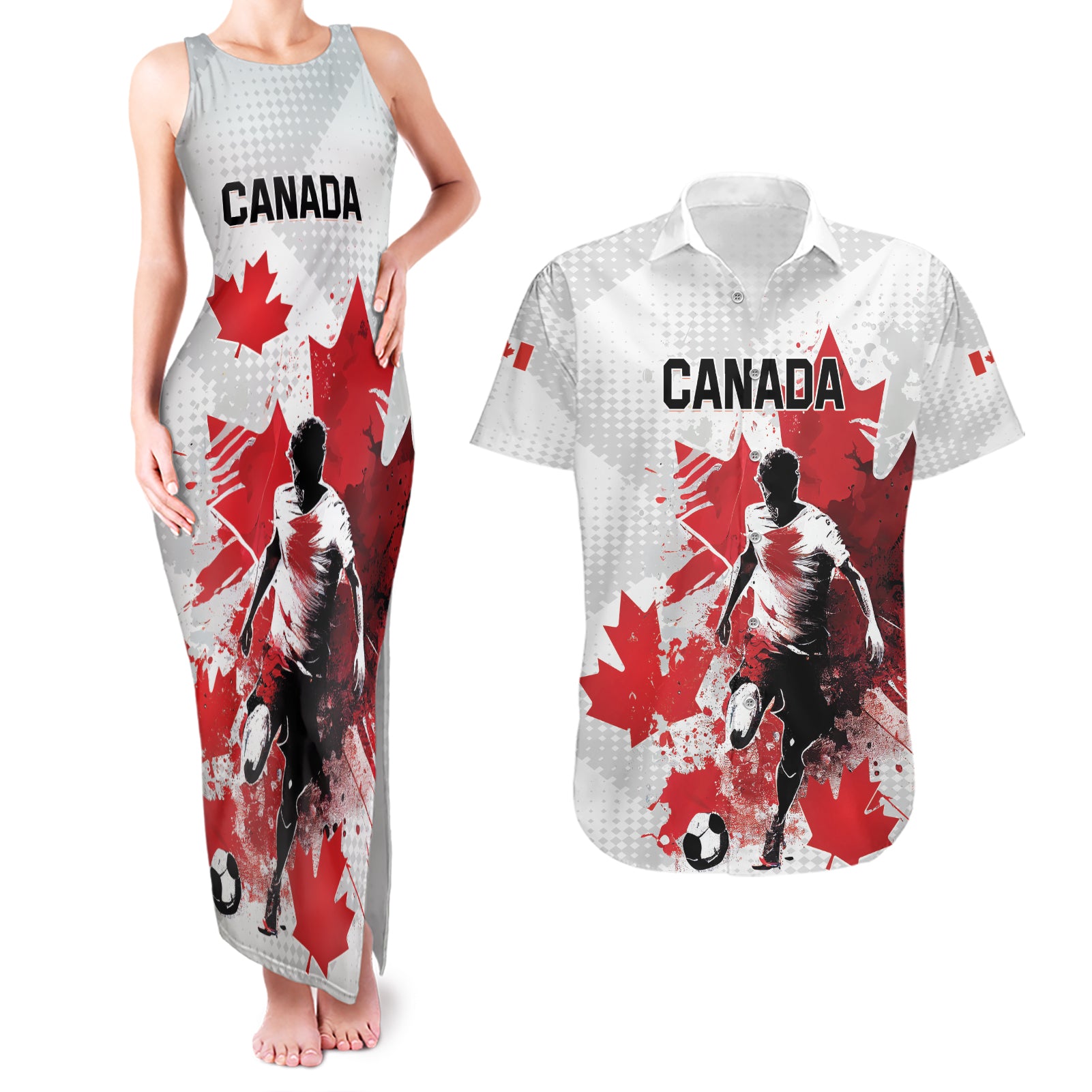 Personalized Canada 2024 Soccer Couples Matching Tank Maxi Dress and Hawaiian Shirt Canadian Player Maple Leaf - Wonder Print Shop