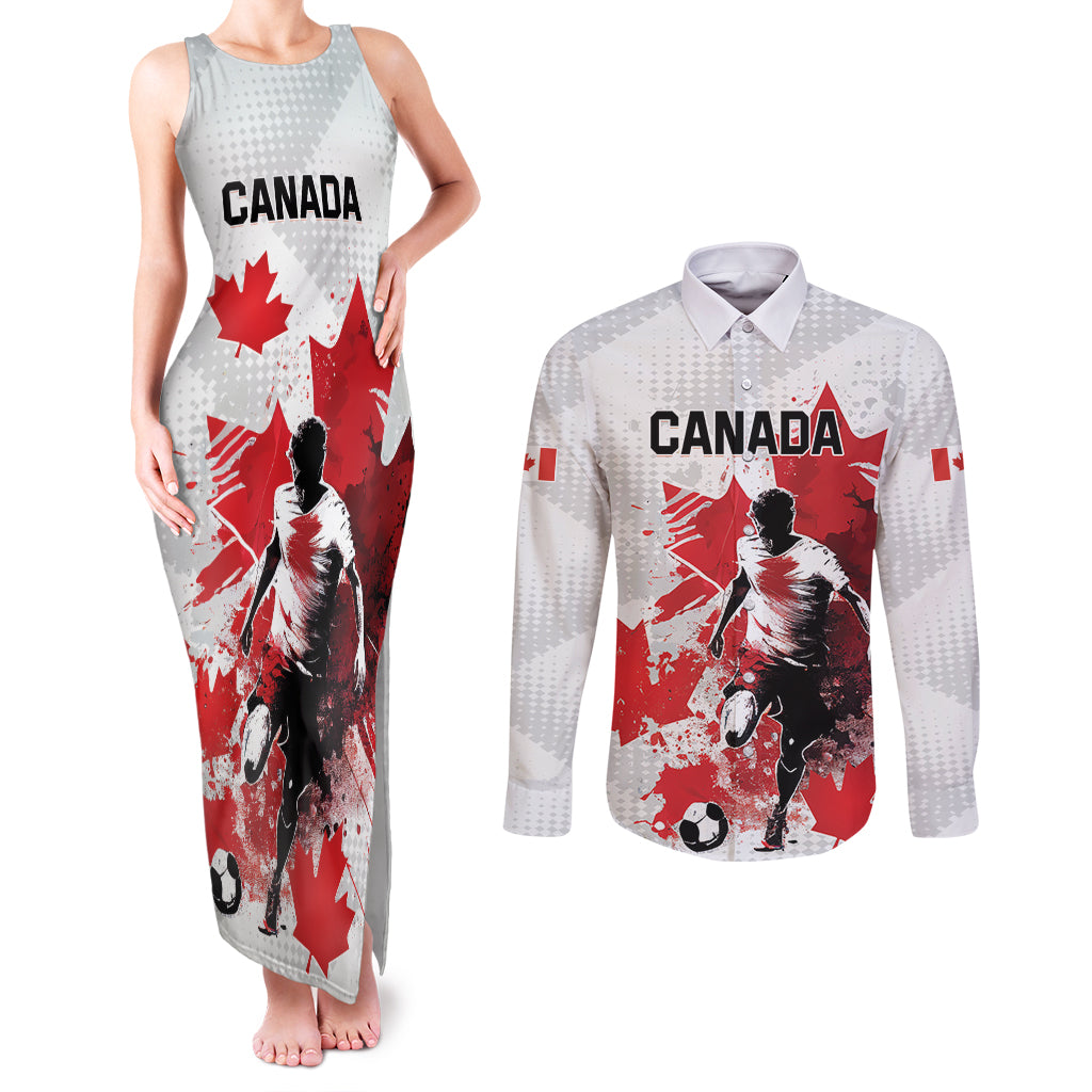 Personalized Canada 2024 Soccer Couples Matching Tank Maxi Dress and Long Sleeve Button Shirt Canadian Player Maple Leaf - Wonder Print Shop