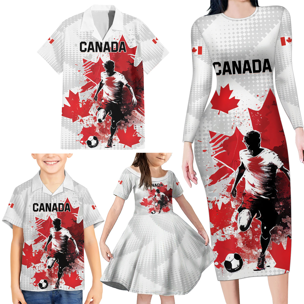 Personalized Canada 2024 Soccer Family Matching Long Sleeve Bodycon Dress and Hawaiian Shirt Canadian Player Maple Leaf - Wonder Print Shop