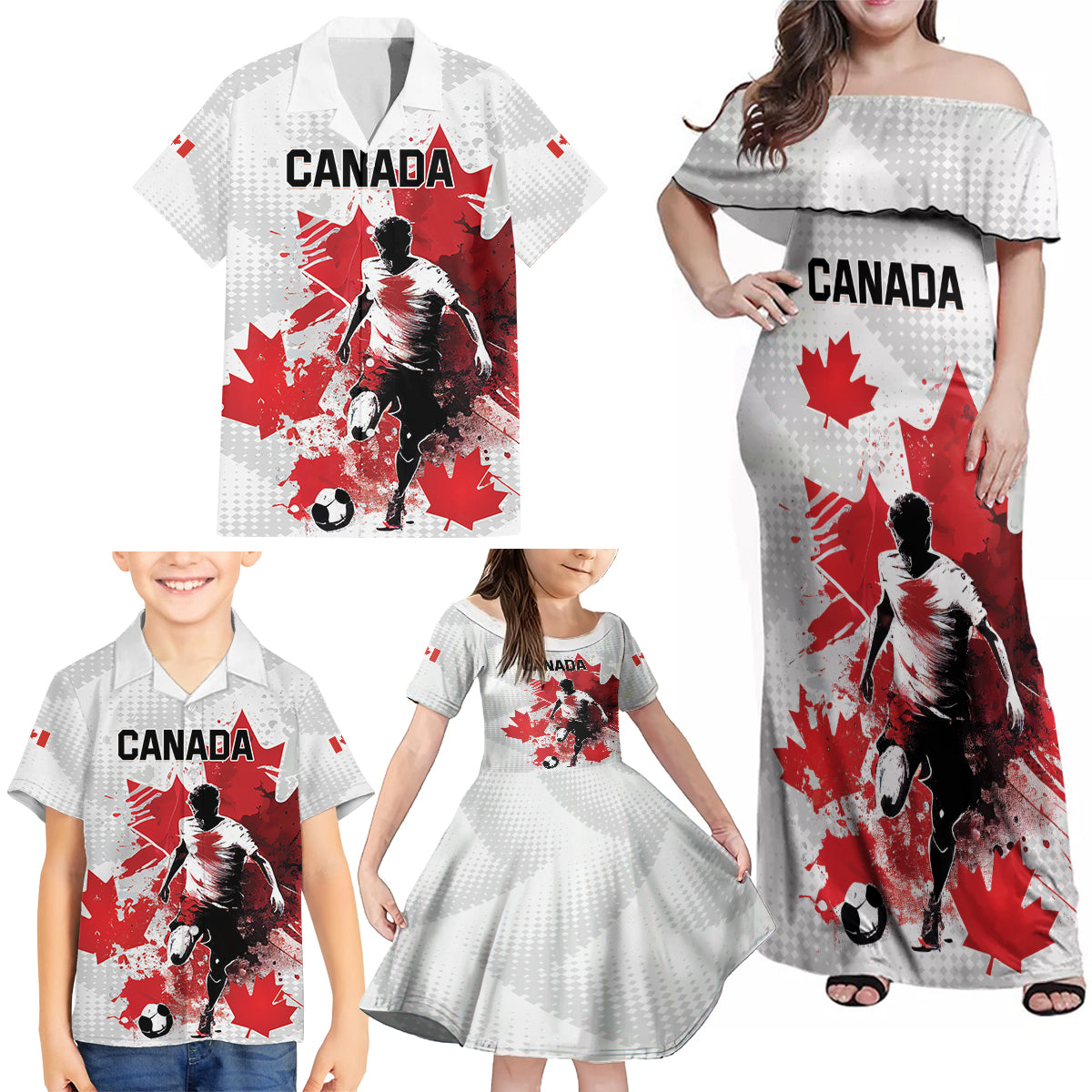 Personalized Canada 2024 Soccer Family Matching Off Shoulder Maxi Dress and Hawaiian Shirt Canadian Player Maple Leaf - Wonder Print Shop