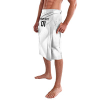 White personalized Canada soccer lavalava skirt with front "YOUR TEXT 01" and draped hem.