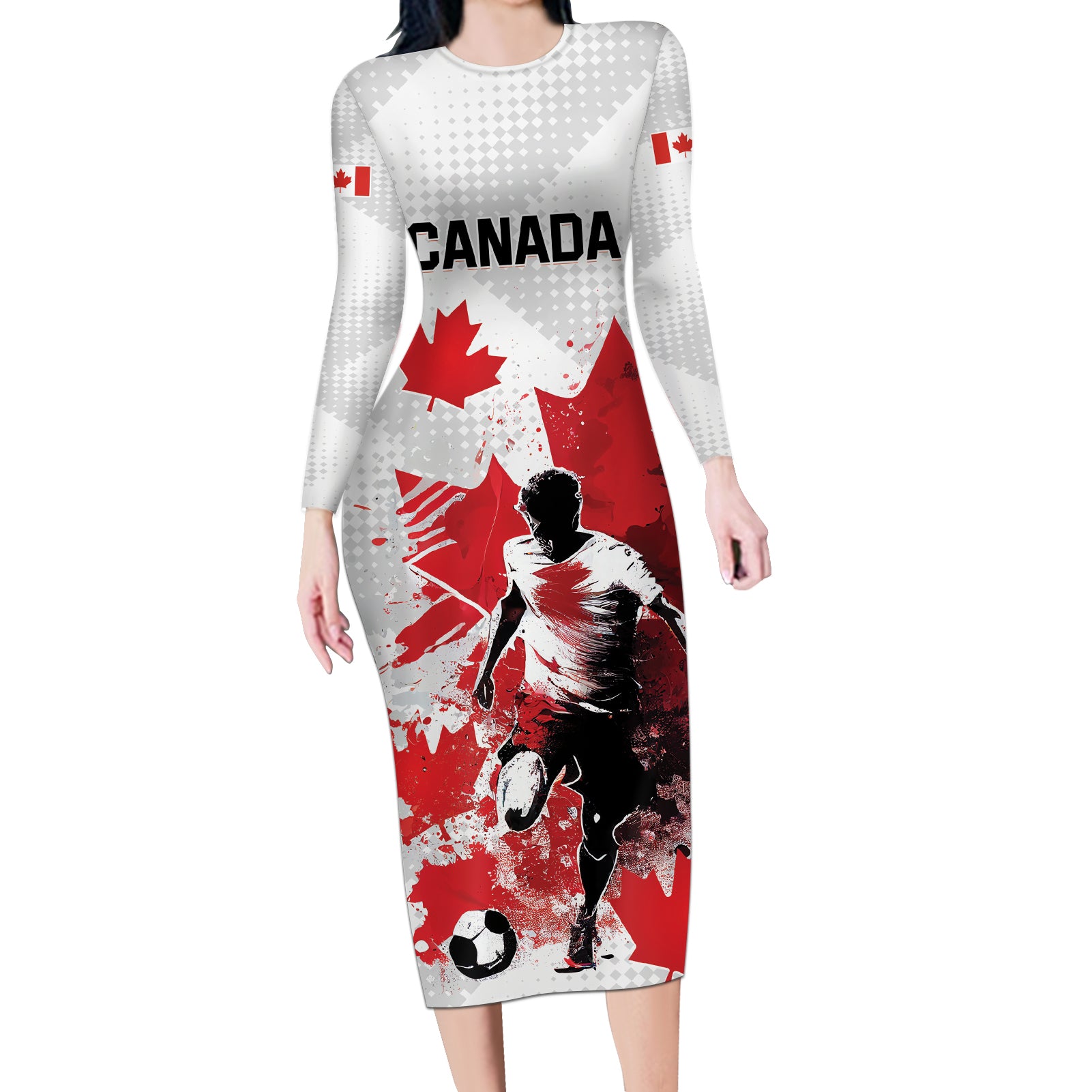 Personalized Canada 2024 Soccer Long Sleeve Bodycon Dress Canadian Player Maple Leaf - Wonder Print Shop