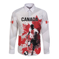 White long-sleeve button soccer shirt with Canada maple leaf graphic