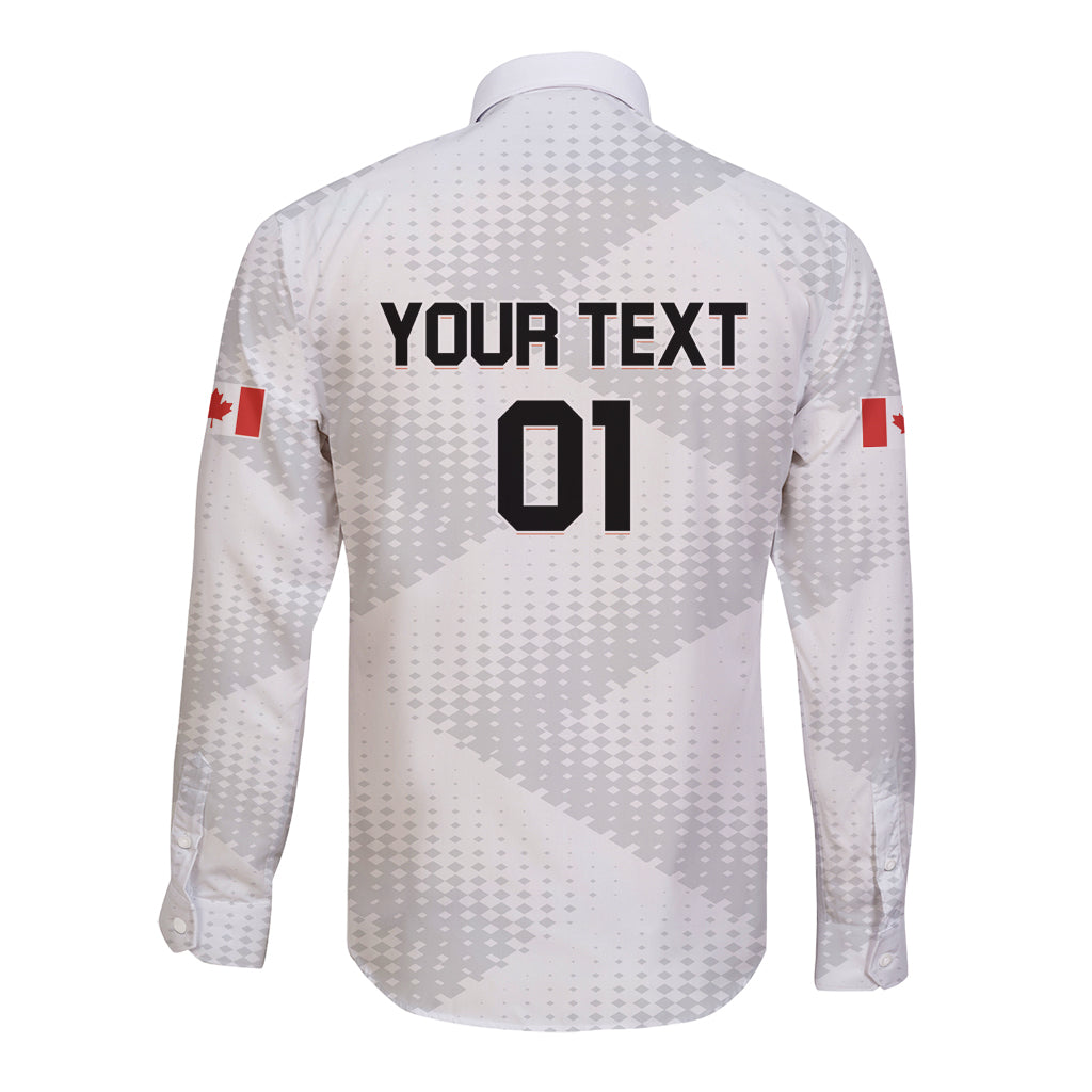 White long-sleeve soccer button shirt with back text “YOUR TEXT” and number 01
