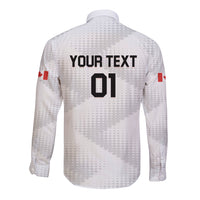 White long-sleeve soccer button shirt with back text “YOUR TEXT” and number 01
