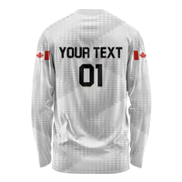 White soccer long sleeve shirt back with YOUR TEXT and two number blocks, maple leaf accents