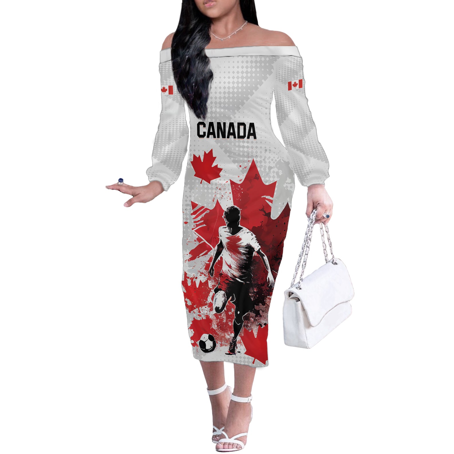 Personalized Canada 2024 Soccer Off The Shoulder Long Sleeve Dress Canadian Player Maple Leaf - Wonder Print Shop