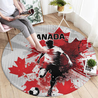 Canada round soccer carpet with Canada text, red maple leaf splashes, and goalie graphic
