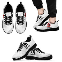 White soccer sneakers with black soles, black “01” text, red Canada maple leaf detail