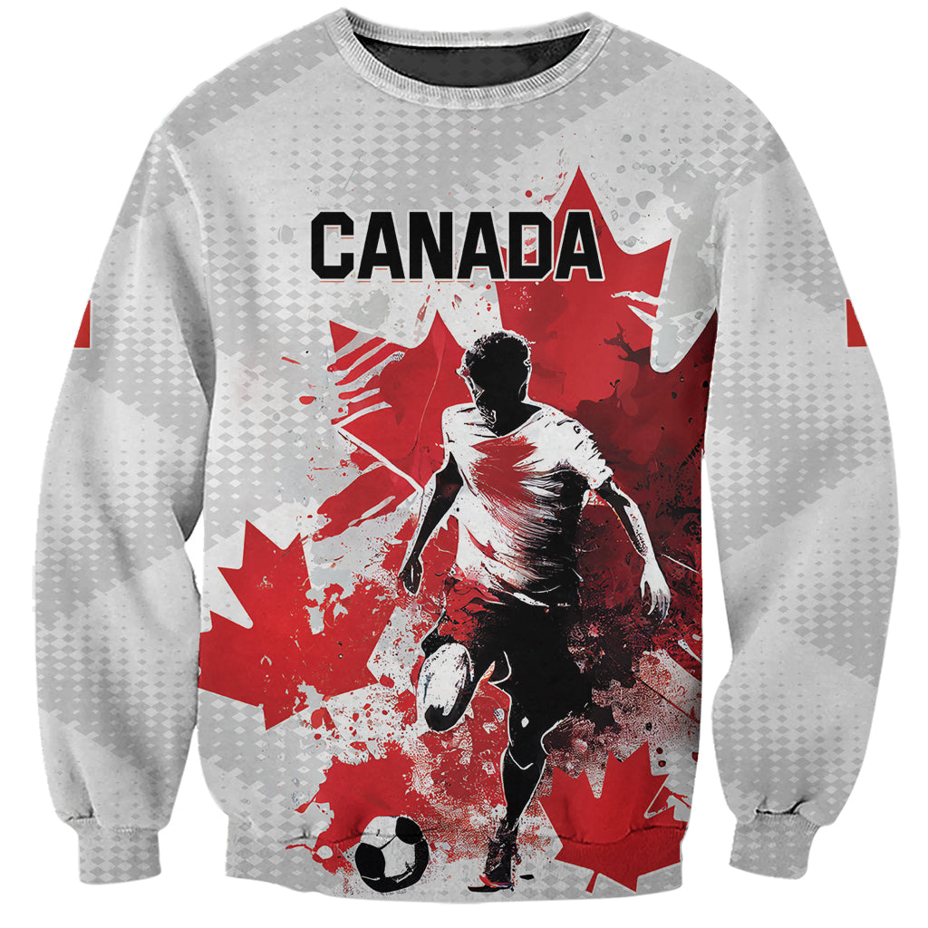 White crewneck soccer sweatshirt with Canada graphic and maple leaf