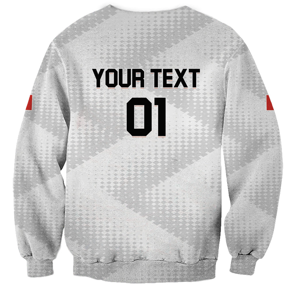 Light gray crewneck soccer sweatshirt back with YOUR TEXT and 01