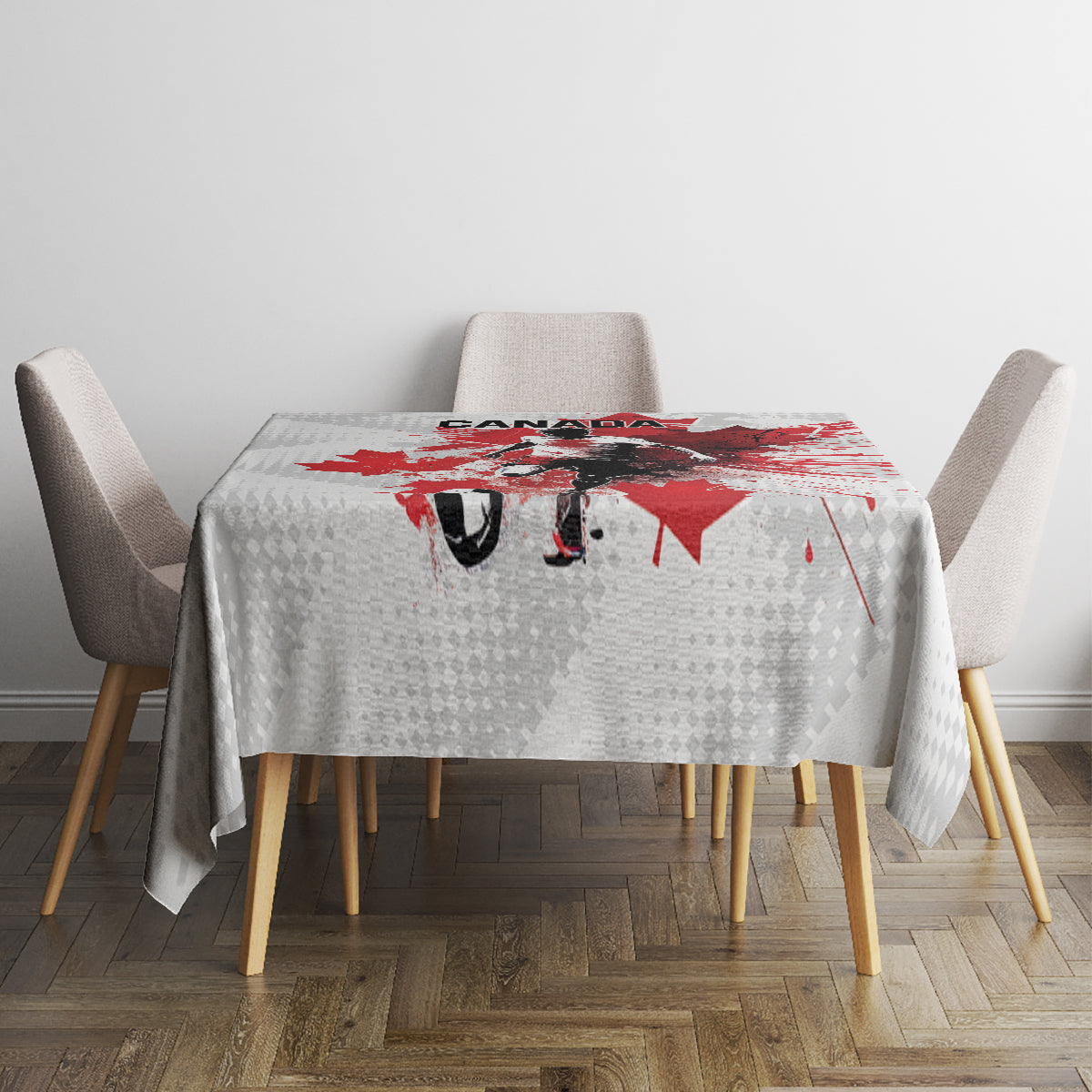 Canada-themed white tablecloth with red maple leaf and hockey player design