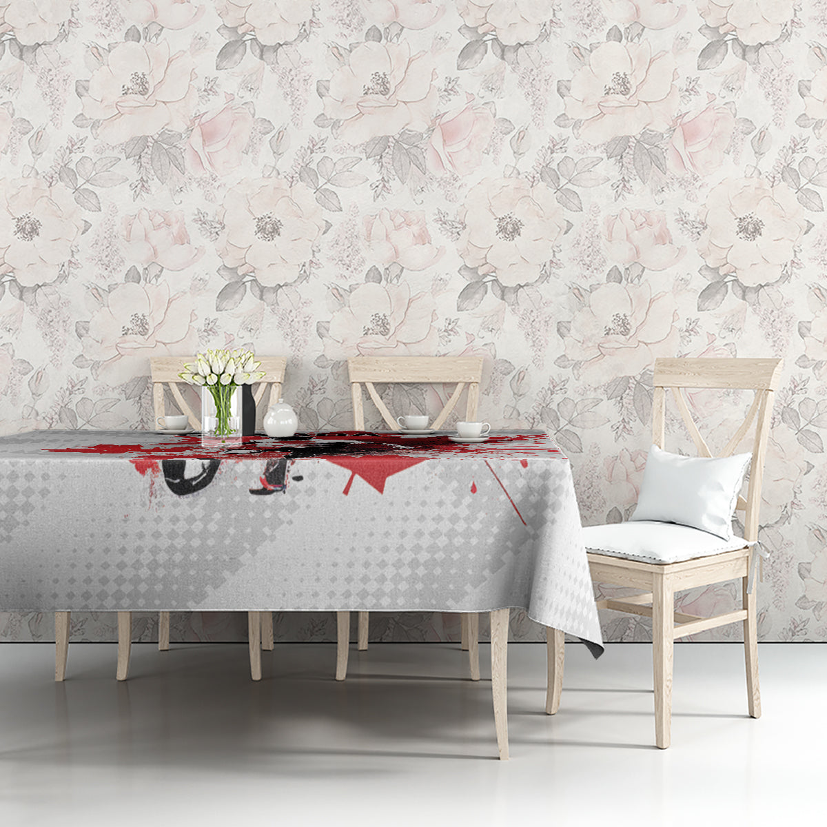 White tablecloth featuring Canada hockey player graphic and red maple leaf motif