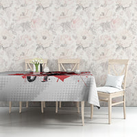 White tablecloth featuring Canada hockey player graphic and red maple leaf motif