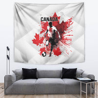 White wall tapestry with Canada soccer player artwork, red maple leaves, and “CANADA”
