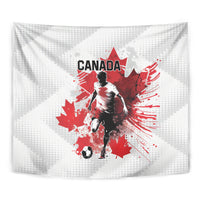 White tapestry close-up of Canada soccer player with red maple leaves and “CANADA” text