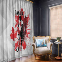 Canada soccer window curtain, white with red maple leaf and black player on single panel