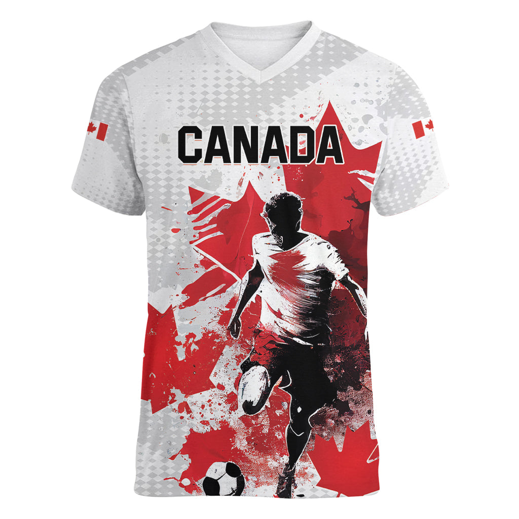 Personalized Canada 2024 Soccer Women V-Neck T-Shirt Canadian Player Maple Leaf - Wonder Print Shop