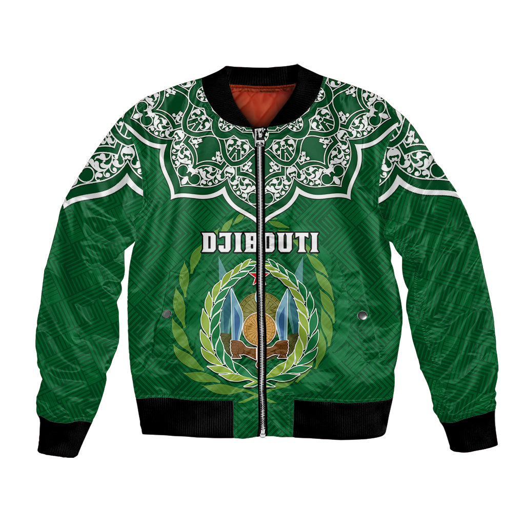 Green bomber jacket with white ornate trim, zip front, and laurel emblem graphic