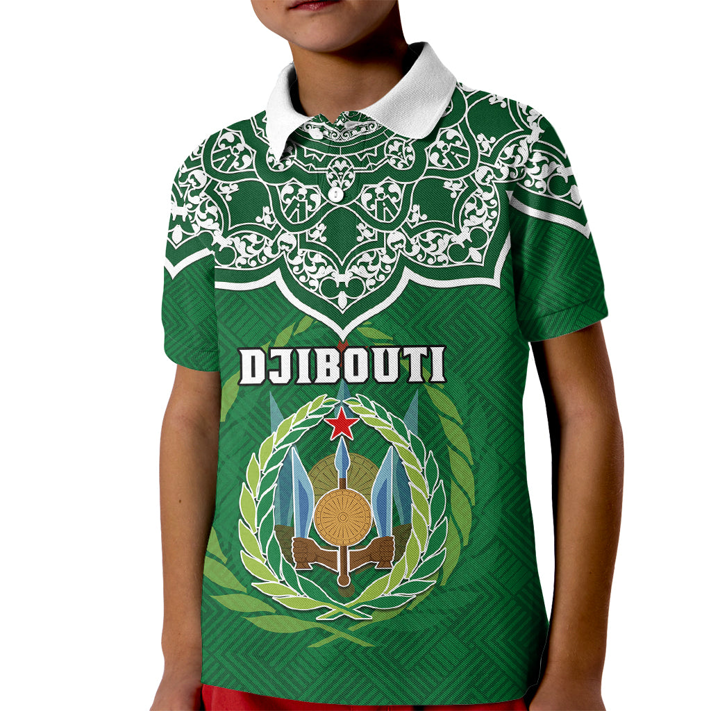 Custom Djibouti Kid Polo Shirt Jabuuti Emblem With Islamic Floral Circle - Wonder Print Shop