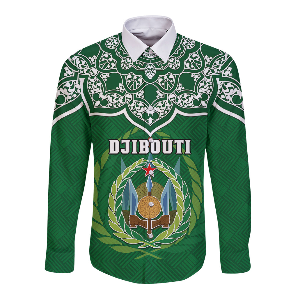 Green long-sleeve button shirt with ornate white trim and front emblem with 'DJIBOUTI' text