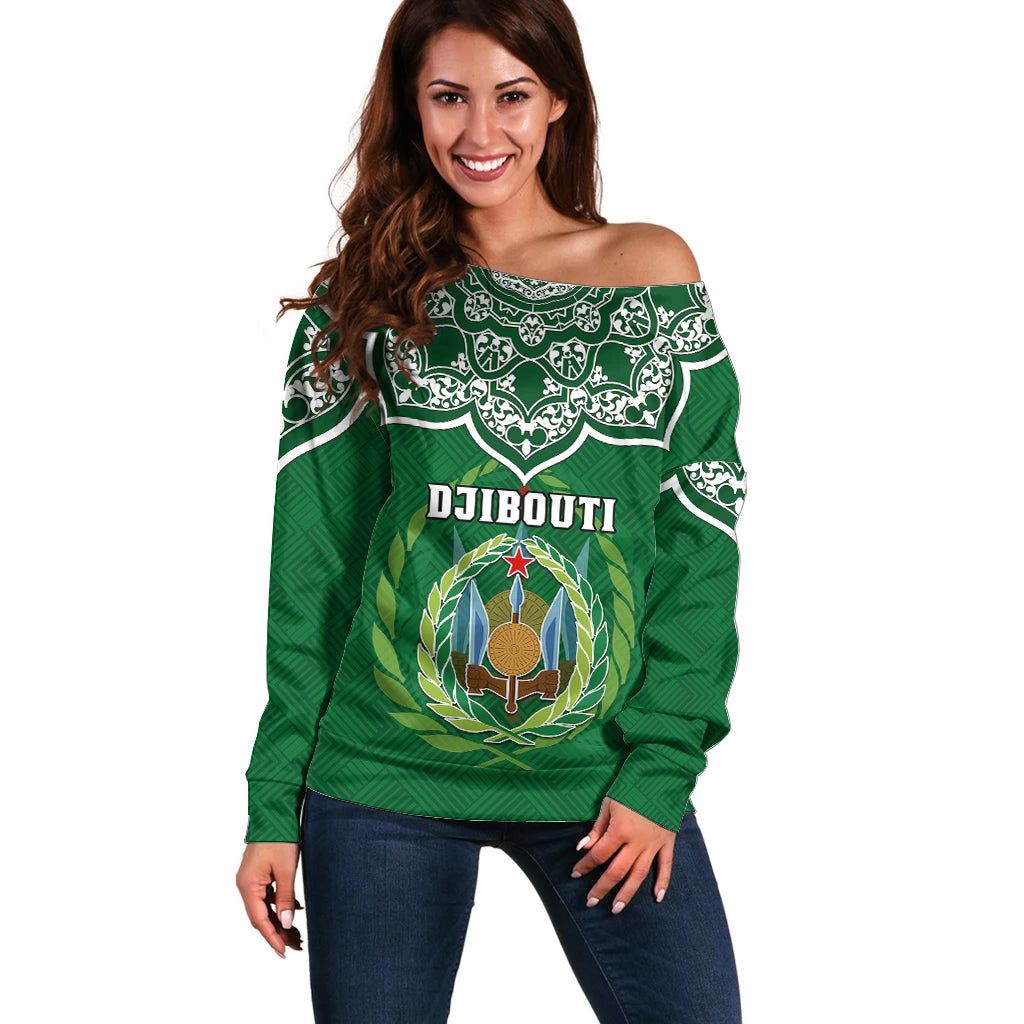 Custom Djibouti Off Shoulder Sweater Jabuuti Emblem With Islamic Floral Circle - Wonder Print Shop