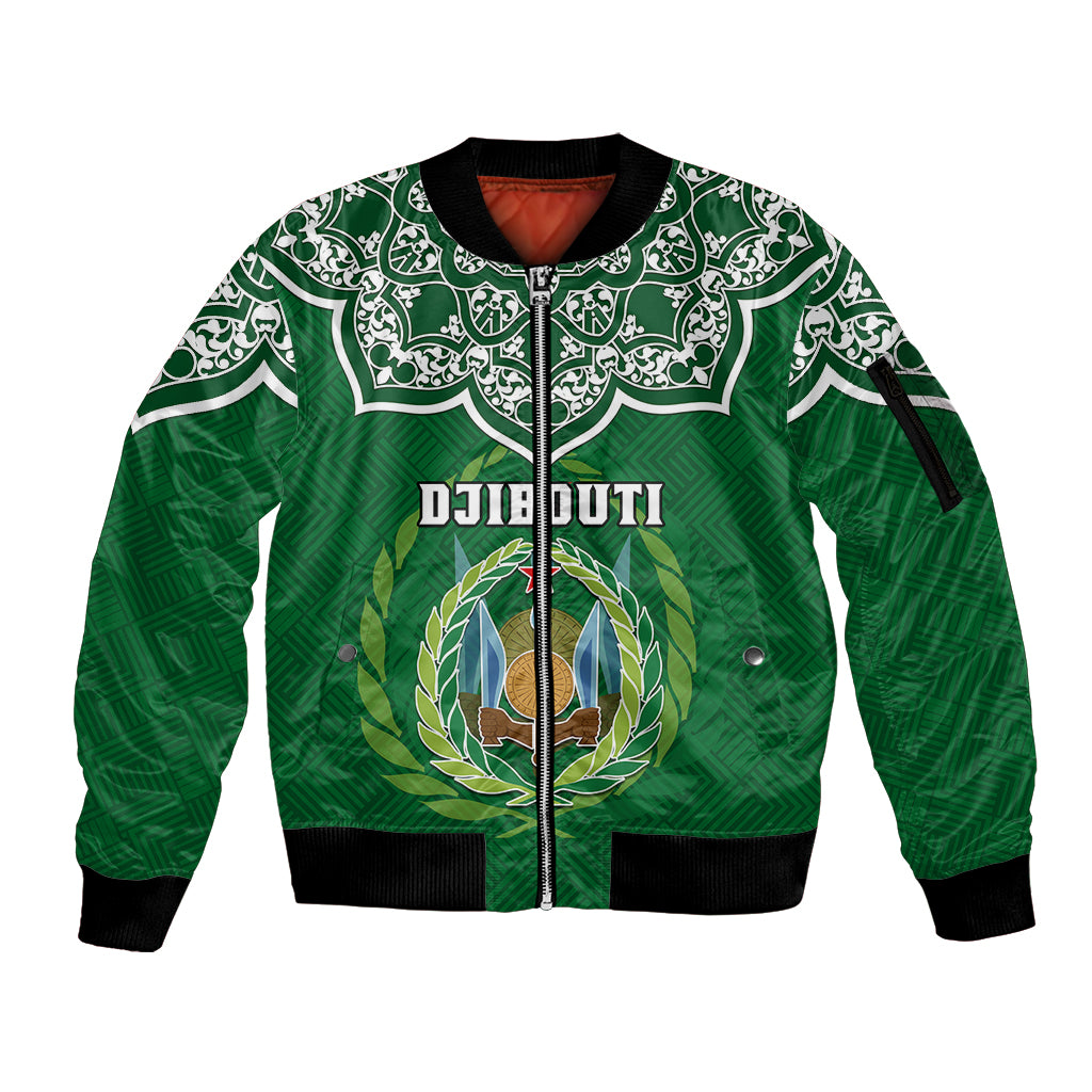 Custom Djibouti Sleeve Zip Bomber Jacket Jabuuti Emblem With Islamic Floral Circle - Wonder Print Shop