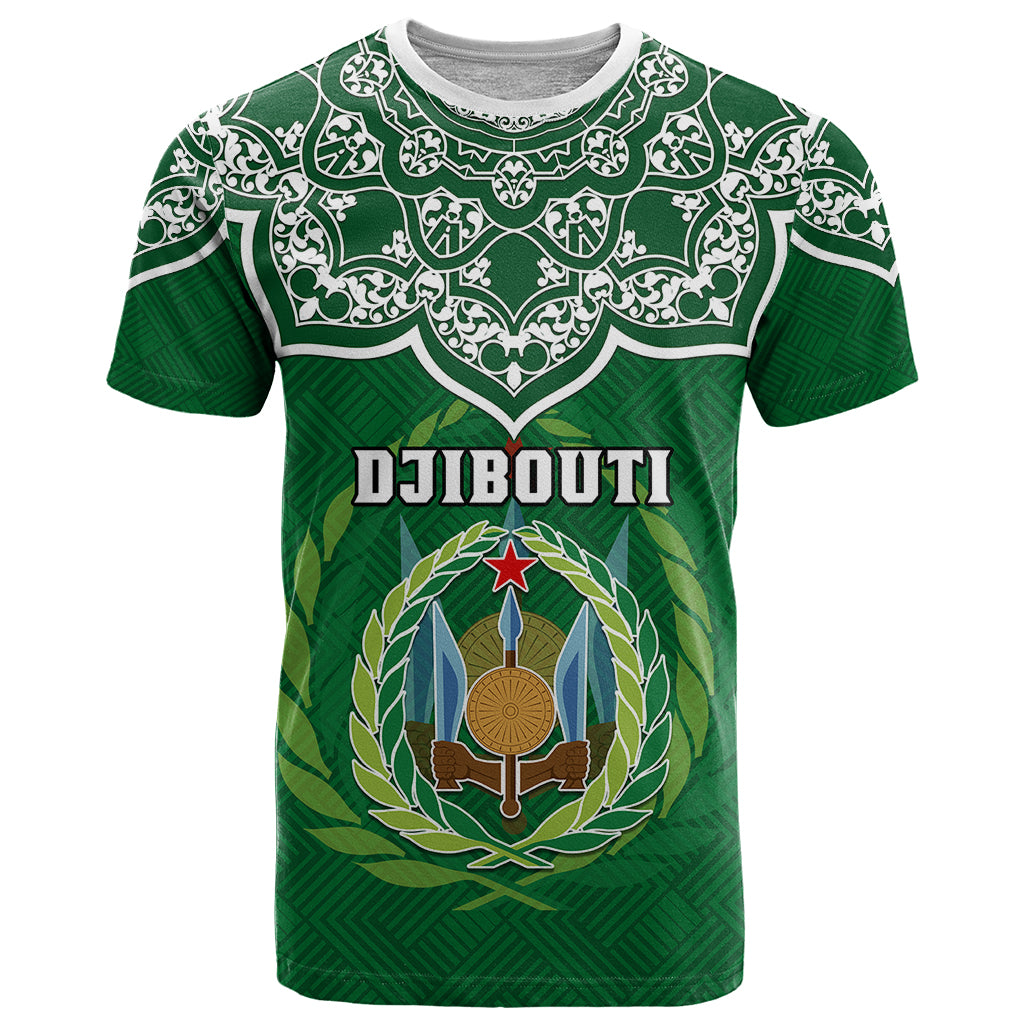 Custom Djibouti T Shirt Jabuuti Emblem With Islamic Floral Circle - Wonder Print Shop