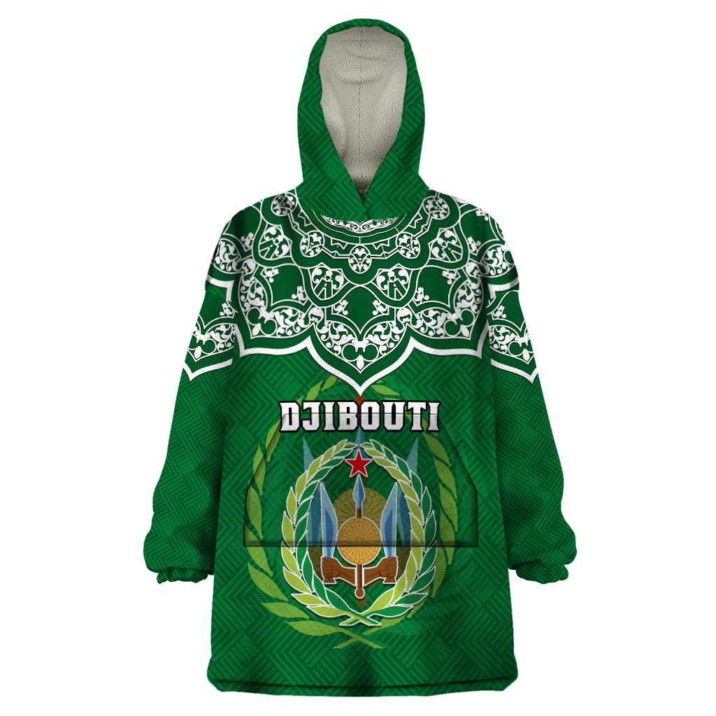 Custom Djibouti Wearable Blanket Hoodie Jabuuti Emblem With Islamic Floral Circle - Wonder Print Shop