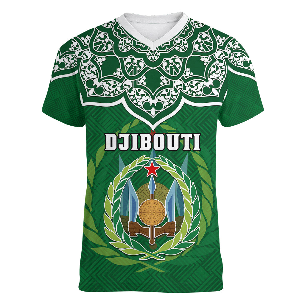 Custom Djibouti Women V Neck T Shirt Jabuuti Emblem With Islamic Floral Circle - Wonder Print Shop