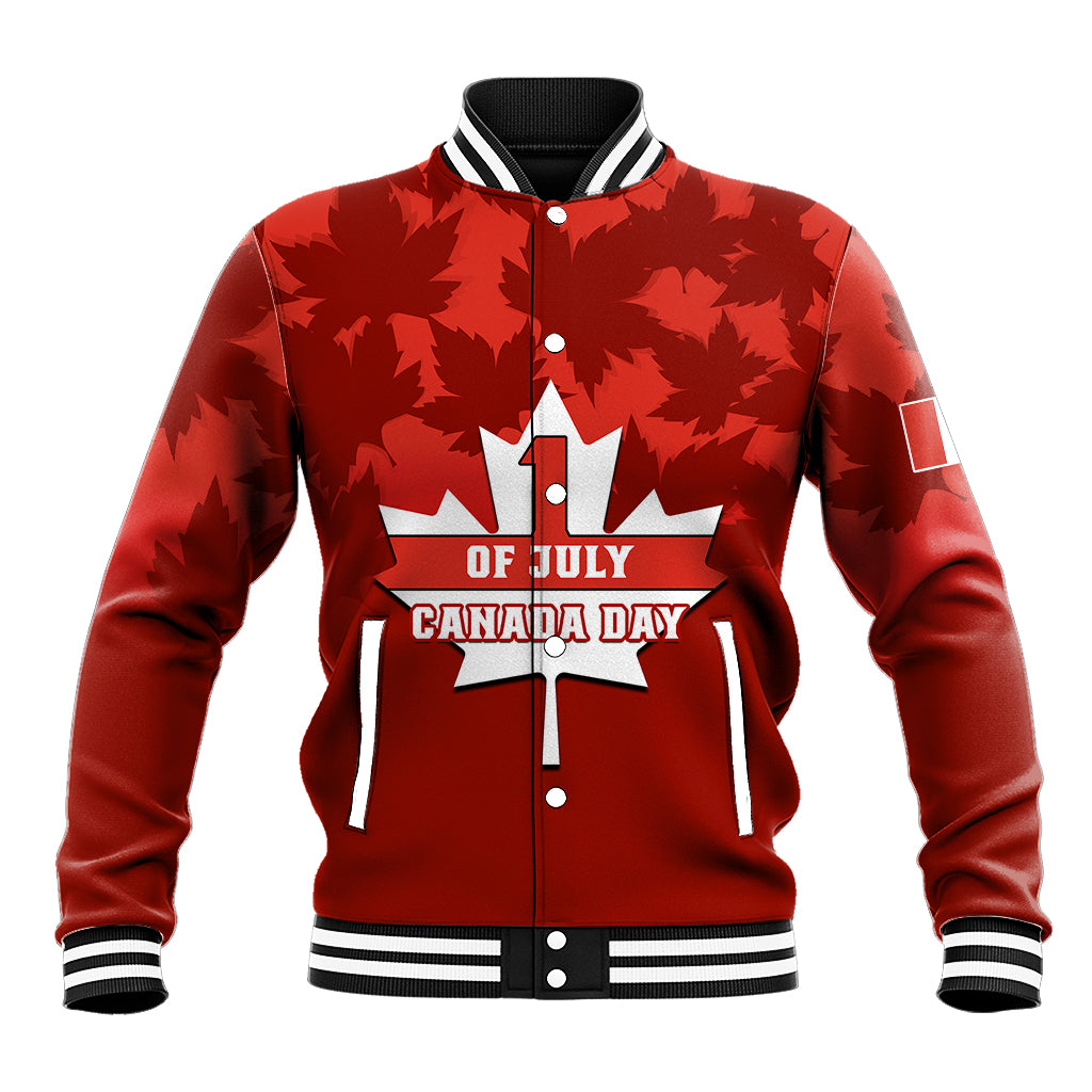 Red baseball jacket with maple leaf camo, varsity striped collar, front button-up graphic