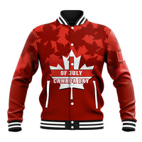 Red baseball jacket with maple leaf camo, varsity striped collar, front button-up graphic