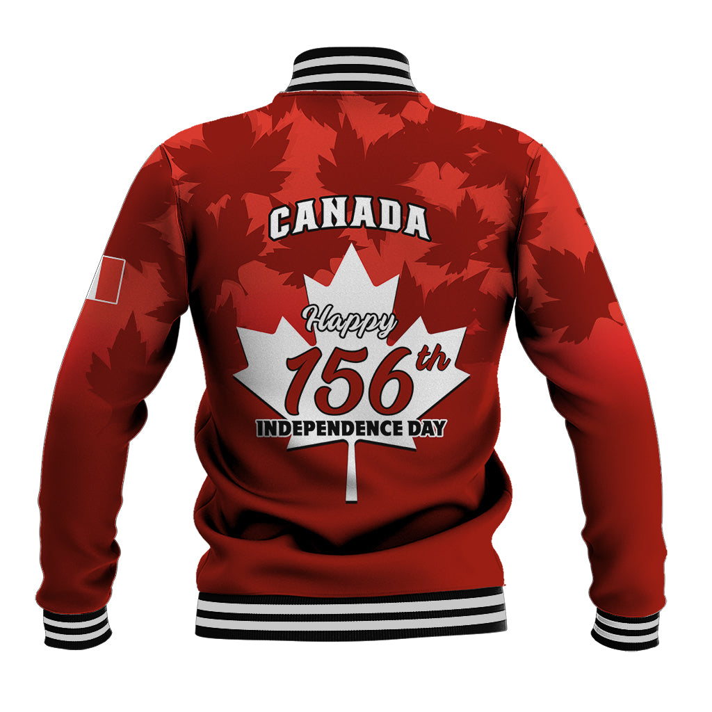 Red baseball jacket with striped ribbed cuffs, back 'Canada Happy 156th' Independence Day print