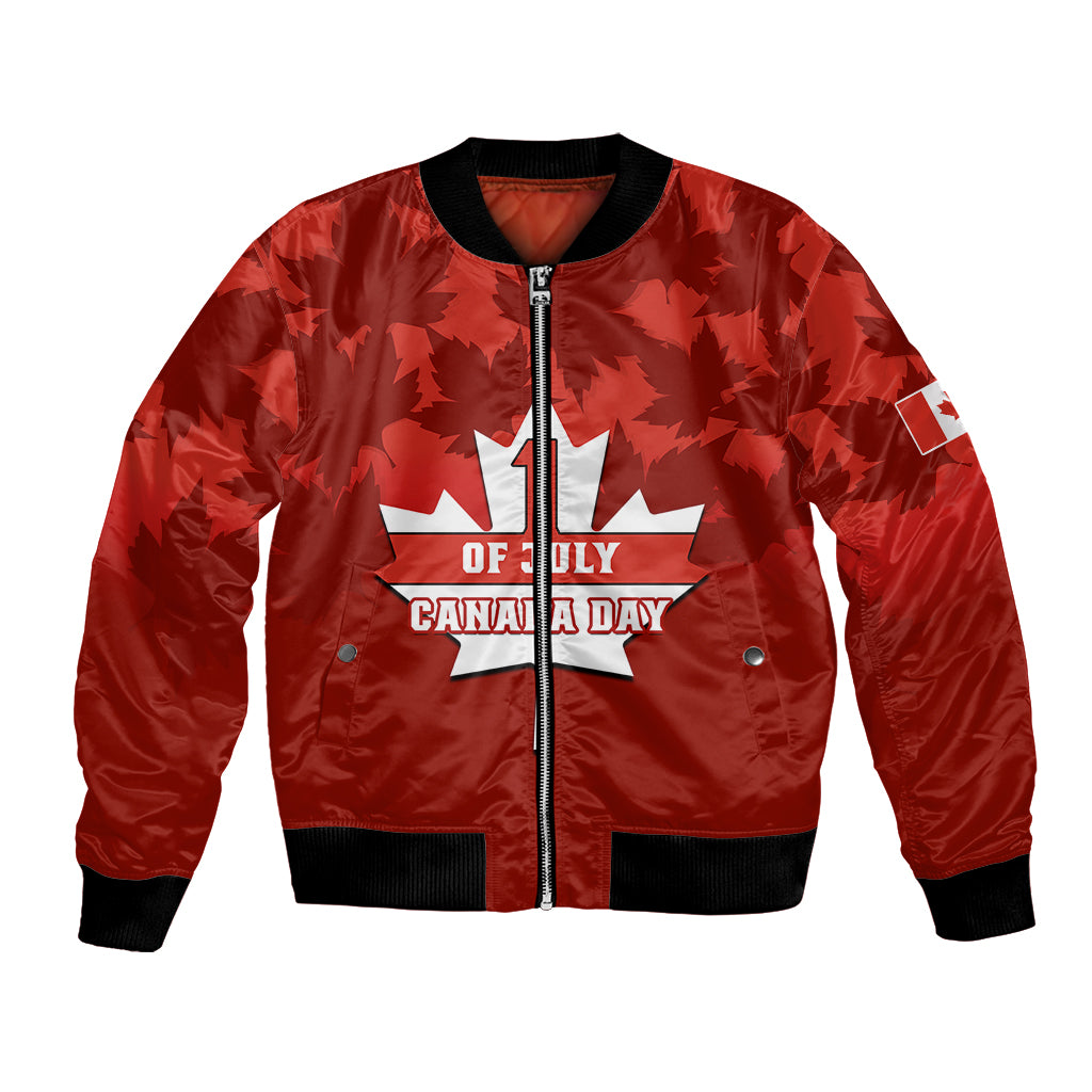 Red bomber jacket with zip front, leaf pattern, and Canada Day emblem on chest