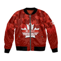 Red bomber jacket with zip front, leaf pattern, and Canada Day emblem on chest