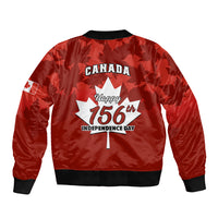 Red bomber jacket with leaf pattern, 'Canada Happy 156th Independence Day' back print