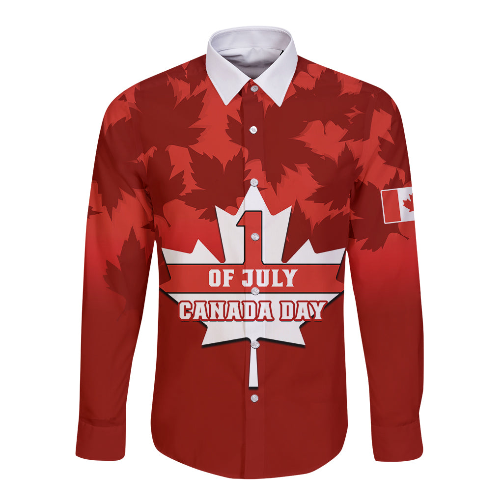 Red long-sleeve button shirt with maple leaf print, Canada Day front graphic