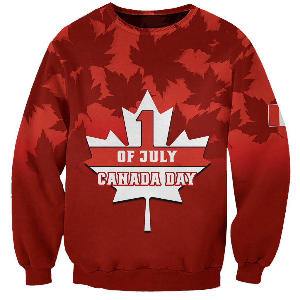 Red unisex sweatshirt with Canada Day graphic and maple leaf camo print