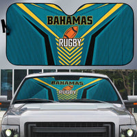 Blue auto sun shade with Bahamas Rugby graphic and yellow trim, arched shape