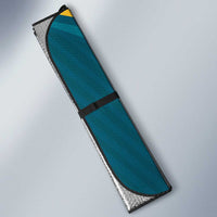 Blue auto sun shade panel with Bahamas Rugby print, long folded with gray edge