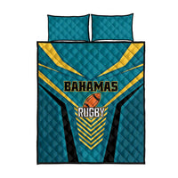 Teal quilt with Bahamas Rugby logo center and two matching square pillow covers