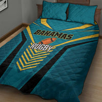 Teal quilt bed cover with Bahamas Rugby print and yellow diagonal stripes, two pillows