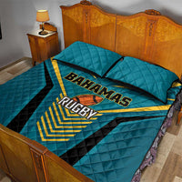 Teal quilt bed set with Bahamas Rugby banner, yellow stripe accents, two pillow covers