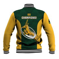 Green and yellow baseball jacket, back Go Champions text and springbok graphic