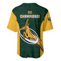 Green rugby baseball jersey with yellow side panels, 'Go Champions!' back print and Springbok logo.